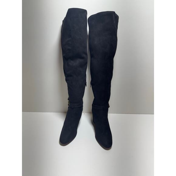 Bebe Women’s Hanan Sz9 M Black Knee High Boots Zip Up Wedge Heel Whimsy Goth - Picture 2 of 12